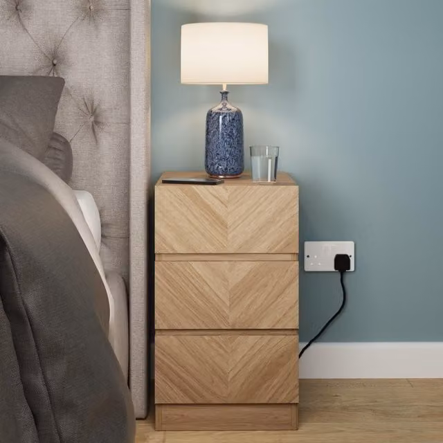 GFW Catania Pair of 3 Drawer Bedside Tables in Light Oak – 1