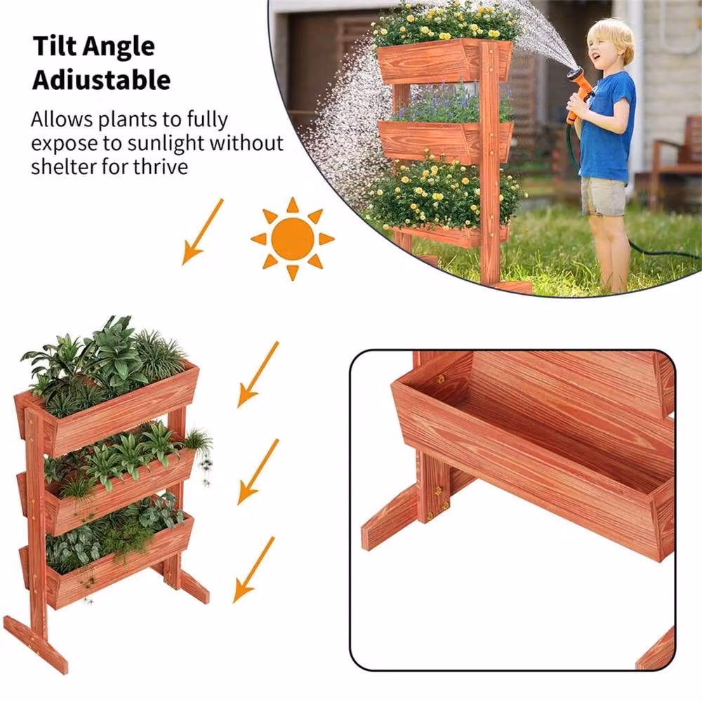 NESTLUNE 3 Tier Wooden Raised Planter Stand Herb and Vegetable Garden Box in Brown – 5