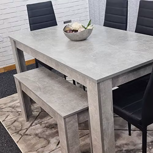KOSY KOALA Modern 6 Seater Dining Set with Grey Stone Effect Table, 4 Black Faux Leather Chairs and 1 Bench, W/D/H: 140 x 80 x 75 cm – 4