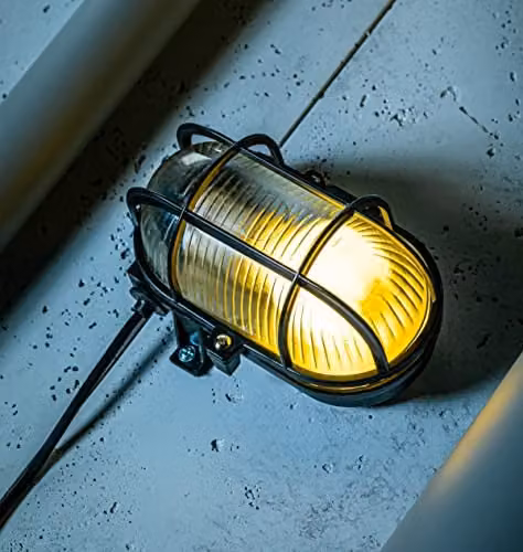 CGC Lighting Black Oval Cage Bulkhead Glass and Metal Wall or Ceiling Light, IP44 Waterproof for Indoor and Outdoor Use – 1