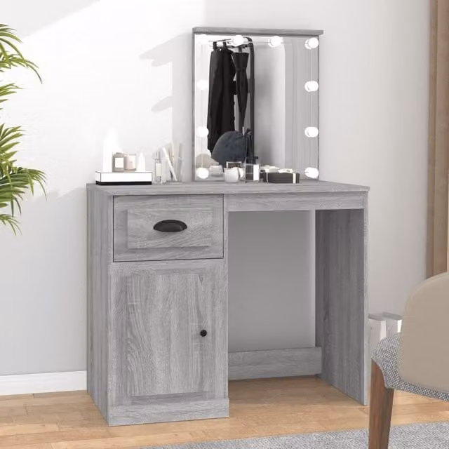 Berkfield Home Hollywood LED Dressing Table in Grey Sonoma, W/D/H: 90 x 50 x 132.5 cm