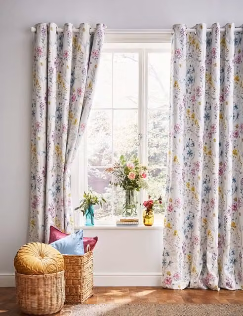 Laura Ashley Wild Meadow Multicolour Floral Pure Cotton Eyelet Blackout Curtains