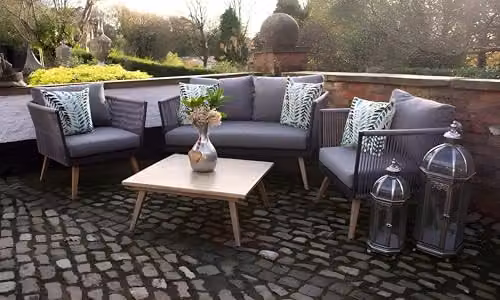 Primrose Living 4 Seater Rattan Garden Furniture Set with Coffee Table and Upholstered Cushions in Beige or Grey – 3