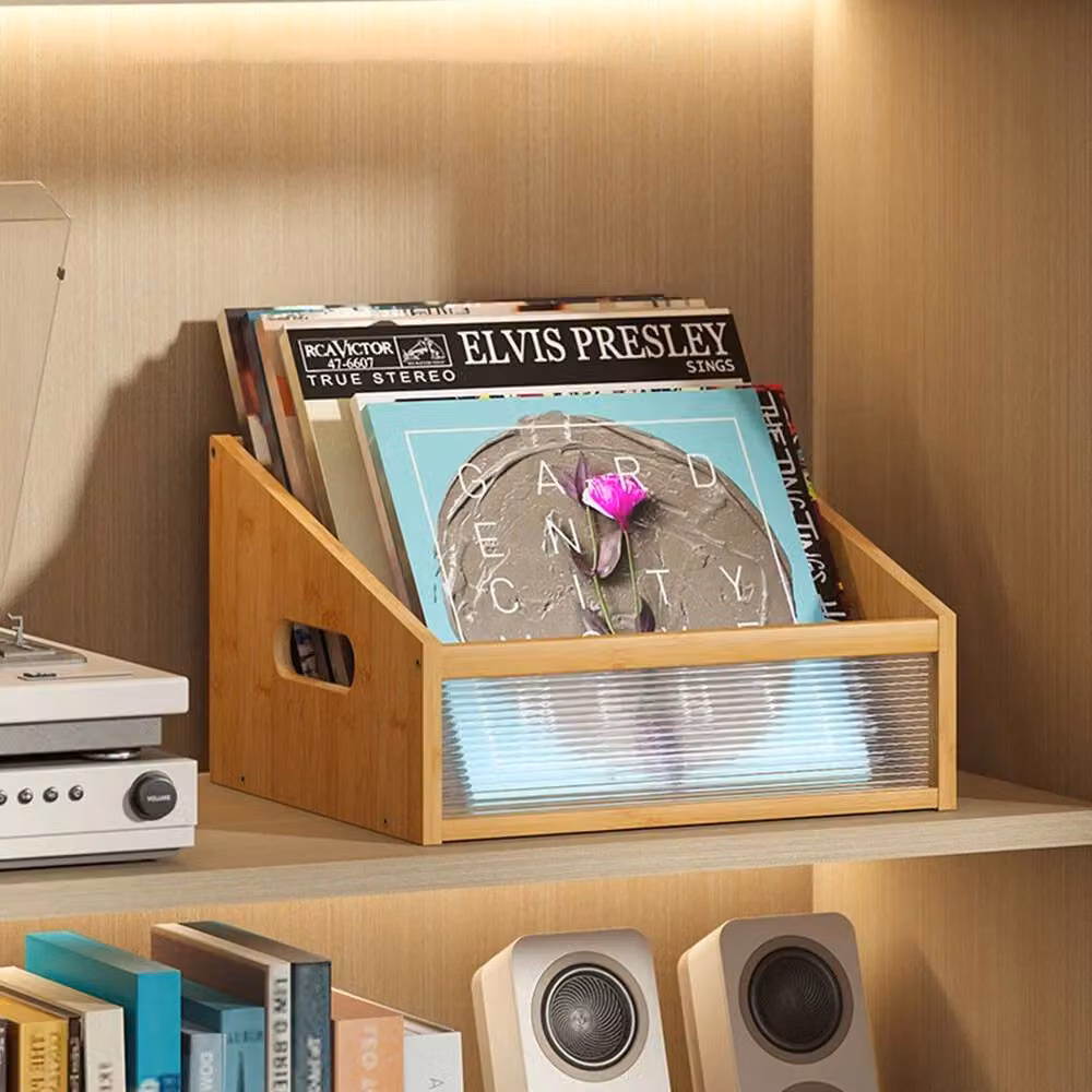 NESTLUNE Bamboo Vinyl Record and CD Storage Crate in Natural Brown – 3