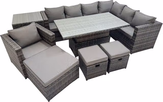 Fimous 10-Seater Rattan Corner Sofa Set with Height-Adjustable Rising Table in Dark Grey Mixed