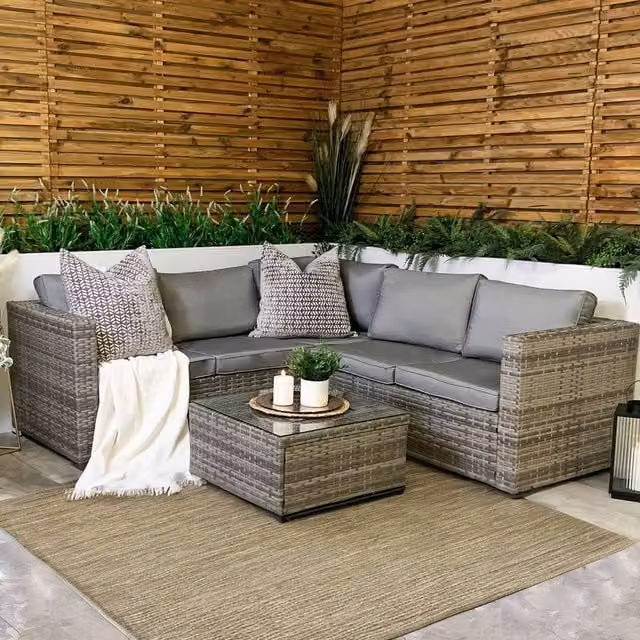 Modish Furnishing Sydney 5 Seater Grey L-Shape Corner Rattan Garden Sofa Set with Ice Bucket and Cushions – 1