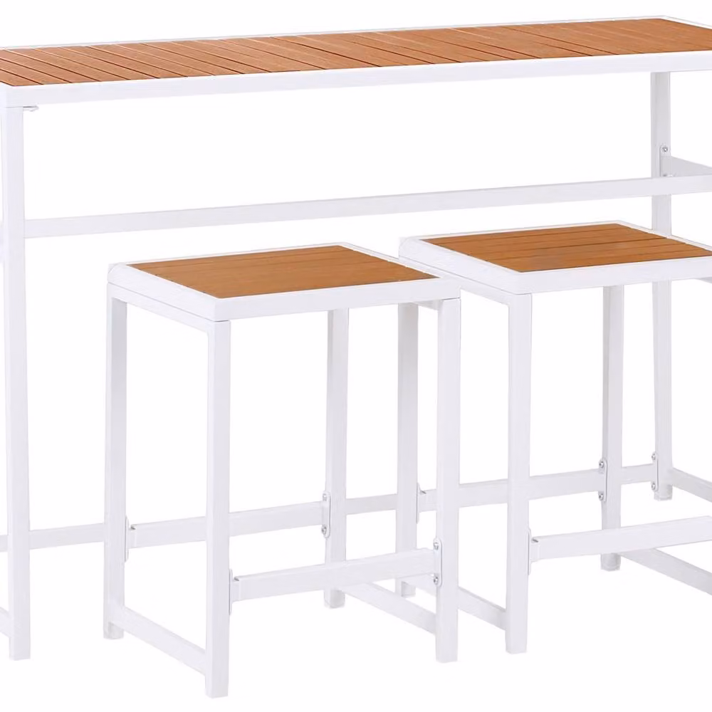 Wyld Haus Polywood 3 Piece Garden Dining Set with Rectangular Table and 2 Stools in White Powder Coated Steel – 2