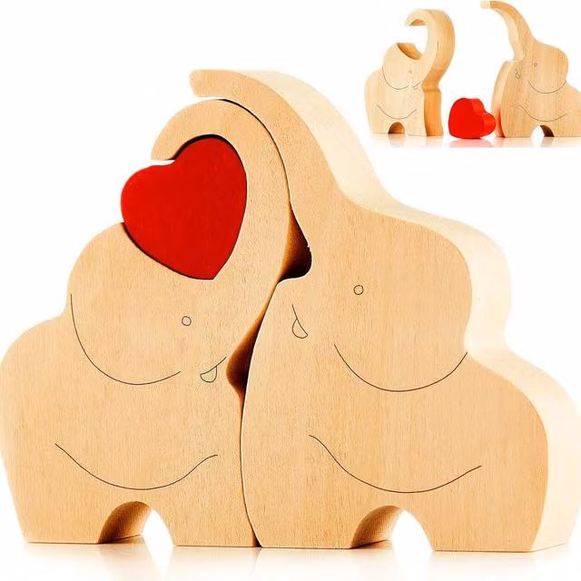 NOVECRAFTO Wooden Elephant Couple Figurine with Red Heart in Natural Brown