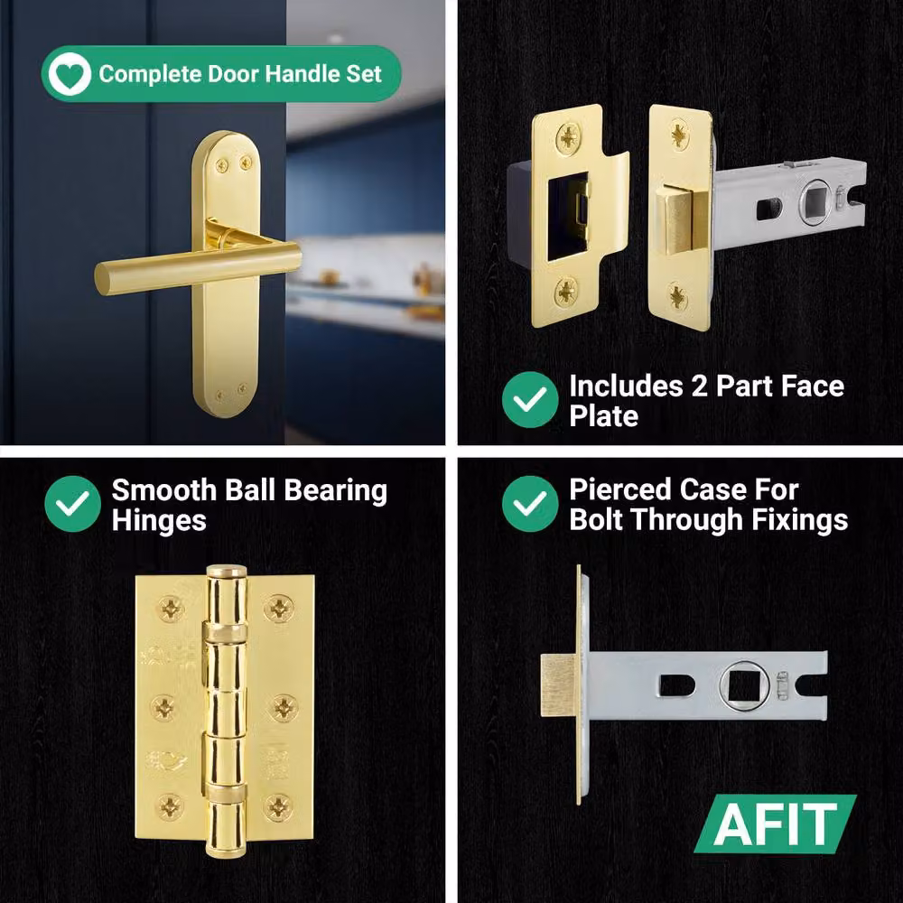 AFIT T-Bar Polished Brass Latch Backplate Handles and Hinges Set in Gold, 150 x 150 mm – 3