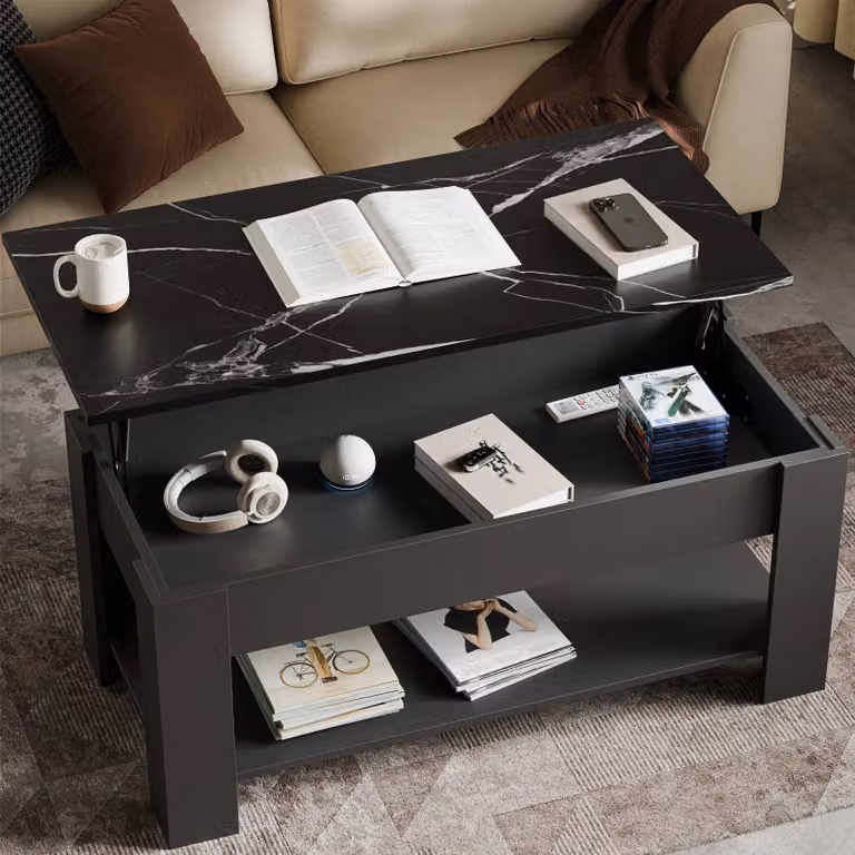 DHS Modern Rectangular Coffee Table with Lift Up Storage in Grey and Black Marble