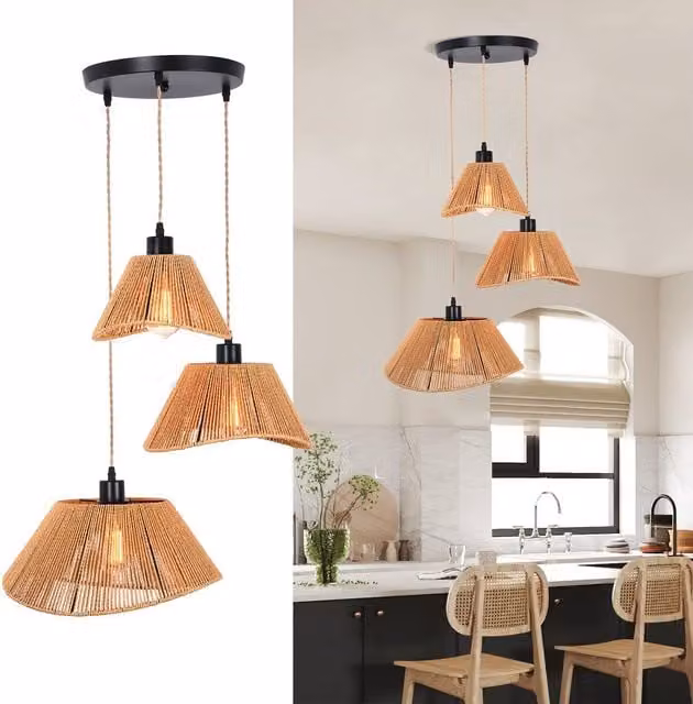 NIVOR Industrial 3 Light Rattan Farmhouse Boho Cluster Adjustable Pendant Light in Brown