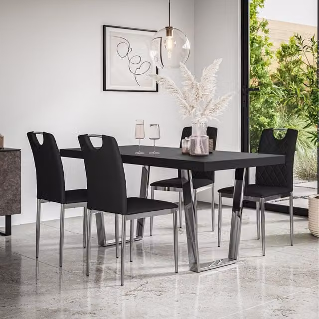 More4Homes Aria Dining Table Set with 4 Black Monza Faux Leather Chairs and Black Oak Table