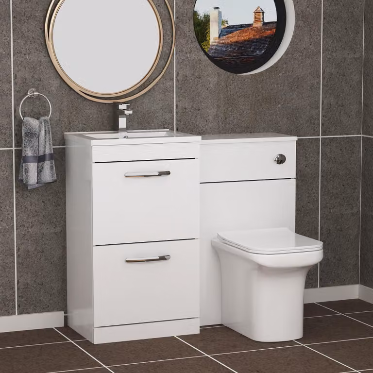 Royal Bathrooms Turin 1000mm Gloss White 2-Drawer Minimalist Basin and Crosby Back to Wall Toilet Pack