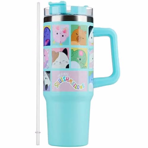 Squishmallows Insulated Bradley Travel Mug with Straw and Handle, Blue, 840ml – 1