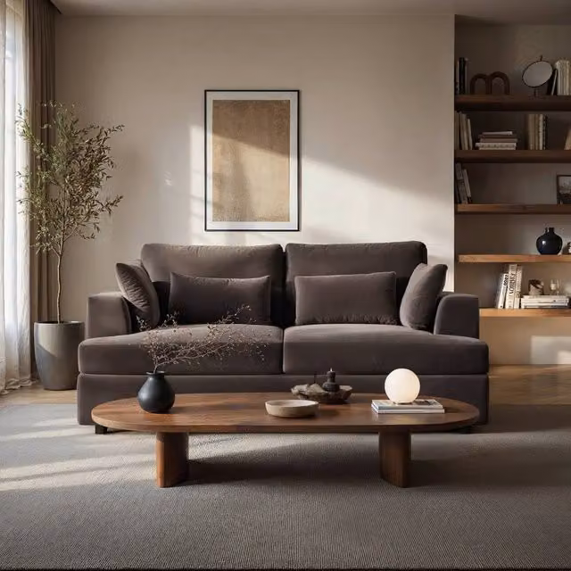 Solace+Co Drew 2 Seater Brown Velvet Sofa with Scatter Cushions and Removable Covers