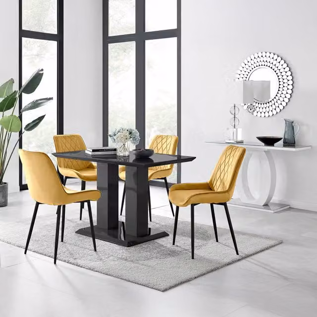 FurnitureboxUK Imperia Dining Set with Rectangular Black Glass Table and 4 Mustard Yellow Velvet Pesaro Chairs