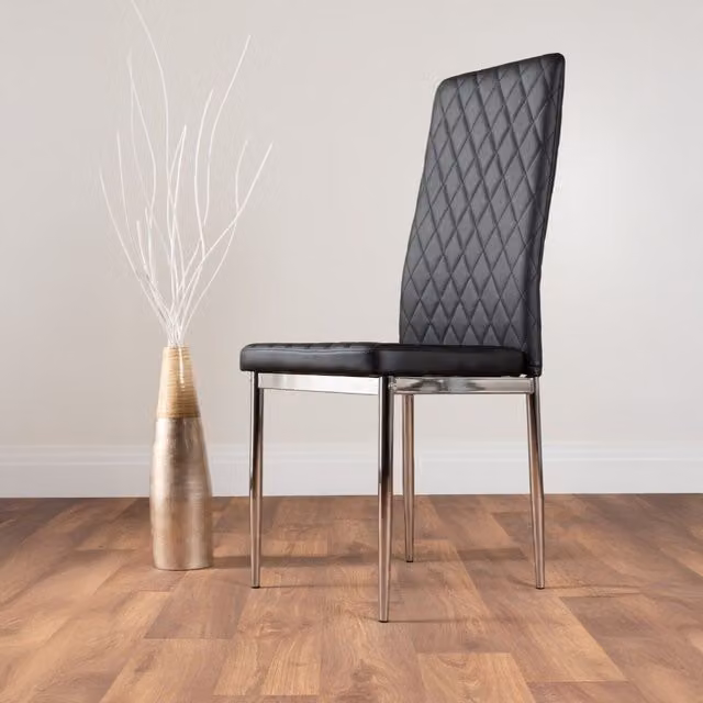 FurnitureboxUK Set of 6 Milan High Back Diamond Pattern Faux Leather Dining Chairs with Silver Chrome Metal Legs in Black – 3