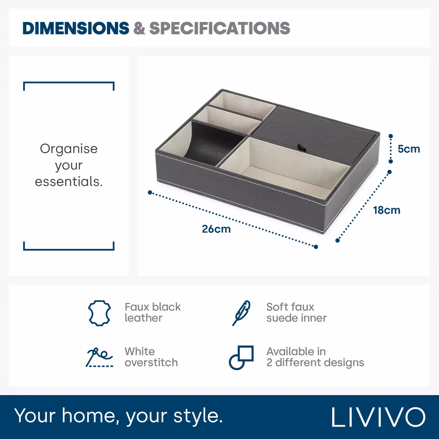 LIVIVO Deluxe 5 Compartment Valet Organiser Tray in Black Textured Faux Leather with Suede Lining and Hinged Lid – 5