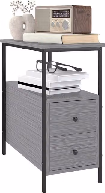 HOMCOM Industrial Side Table with 2 Drawers and Storage Shelf in Grey Wood Grain and Metal Frame – 1