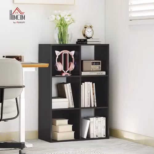 HOMCOM Modern 6-Cube Freestanding 3-Tier Bookshelf in Black, H 91.5 x W 61.5 x D 29.5 cm – 2