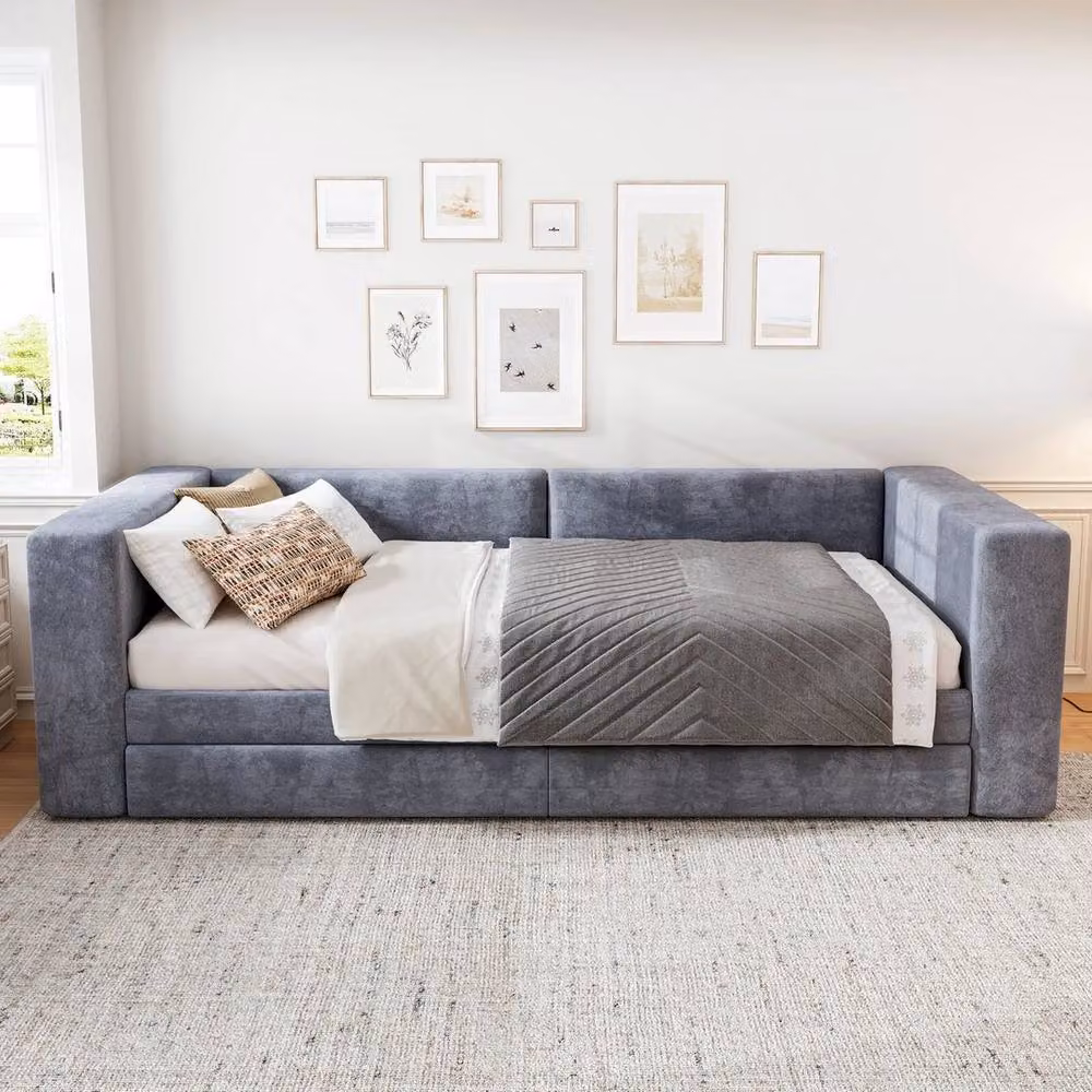 FORGEVIO Modern Upholstered Velvet Bed Frame with Drawers in Grey, W/D/H: 90 x 190 cm – 5