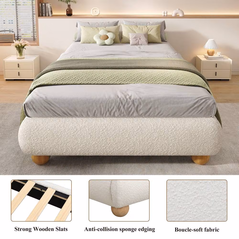 BTM White Bouclé Upholstered Bed Frame with Sturdy Slats, W/D/H: 140 x 190 x 146 cm – 2