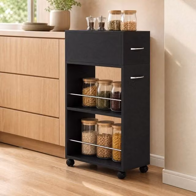 STILVORA Modern Black Storage Trolley with Drawer and Shelves in Wood and Metal – 1