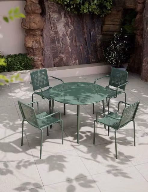 Royalcraft Porto 4 Seater Round Dining Set in Green, Powder Coated Steel Metal Garden Furniture