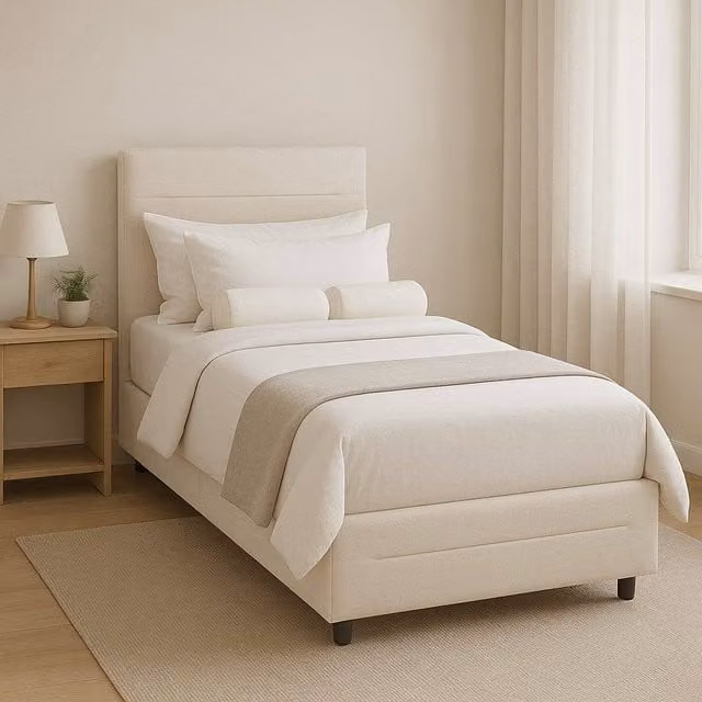 Furniture Maxi Cibor Double Bed Frame with 2 Drawers in Beige Solid Wood and Fabric – 1