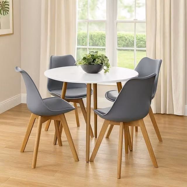 Kosy Koala Round Wooden Dining Table with 4 Chairs in White and Grey