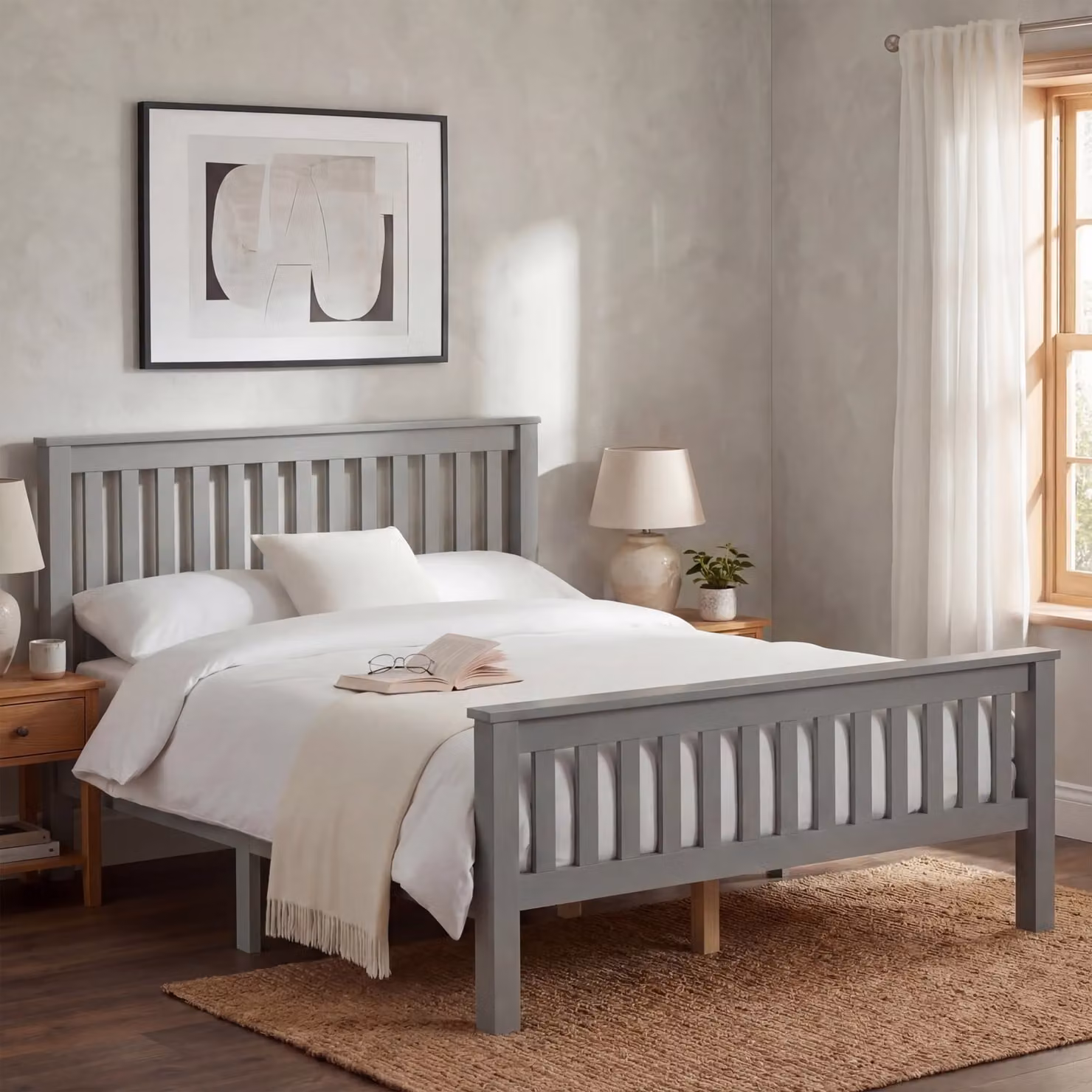 DHS Minimalist Solid Wood Double Bed Frame in Grey and White, W/D/H: 143 x 201 x 250 cm