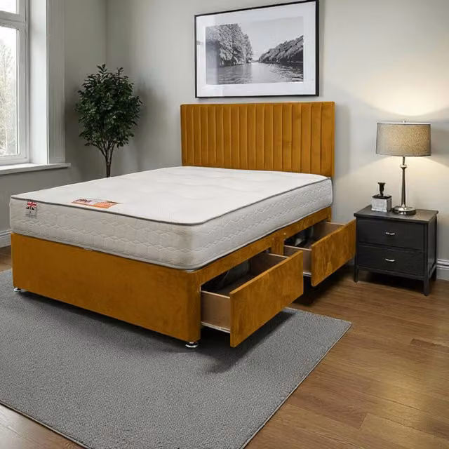 Knight Sleep Modern Hybrid Upholstered Bed Set with Mattress and Headboard in Yellow and Grey, W/D/H: 90 x 200 cm