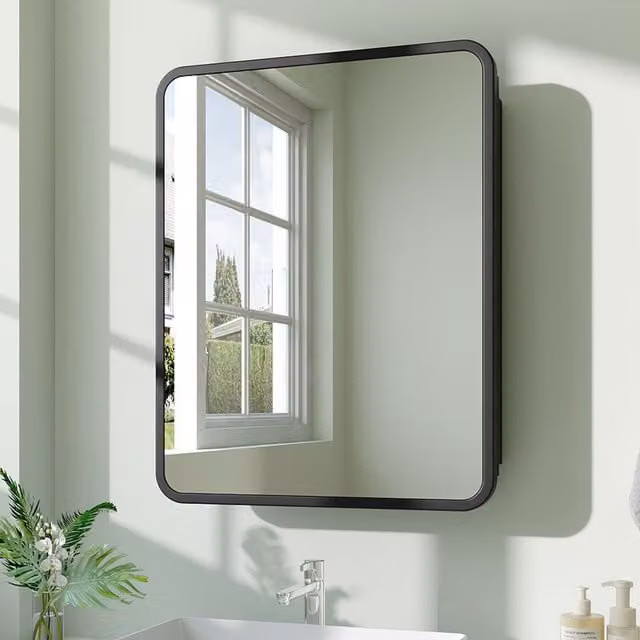 Livingandhome Modern Wall Mounted Black Bathroom Storage Mirror Cabinet with Glass Doors and Internal Shelves, Width: 61 cm