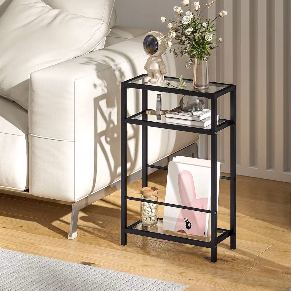 STILVORA Modern Black Side Table with Glass Top and Metal Frame – 2