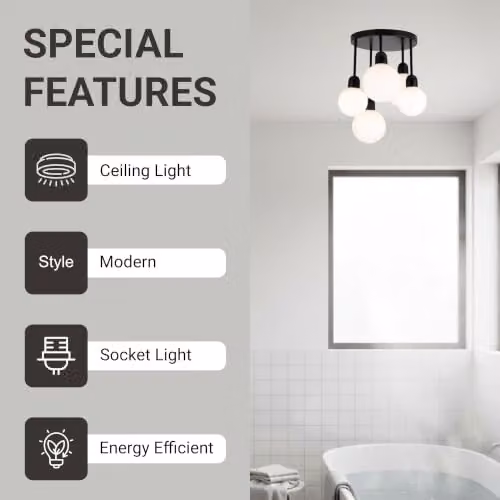 Cosylyte Modern Broome 5 Light Milk Glass Globe Ceiling Light, IP44 Bathroom Fixture, White, W/D/H: 39 x 39 x 44 cm – 5