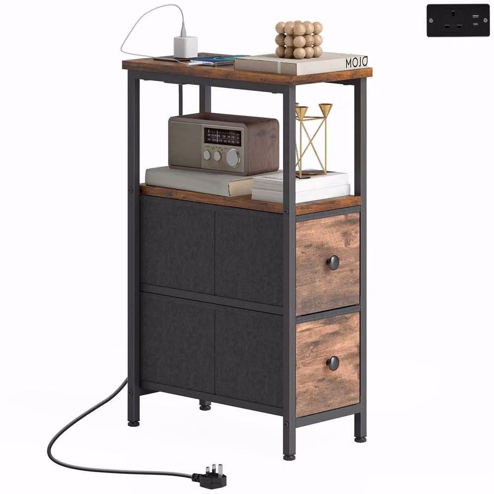 HOMCOM Narrow Bedside Side Table with Charging Station and 2 Drawers in Dark Brown – 2