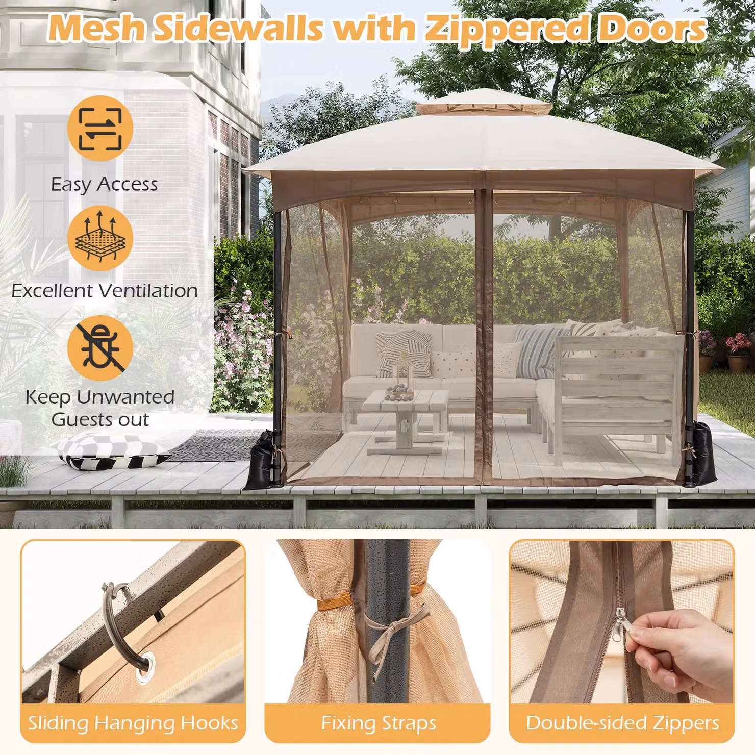 Gymax Gazebo with Netting Walls and Double Roof Canopy in Light Beige, W/D/H: 296 x 296 x 250 cm – 8