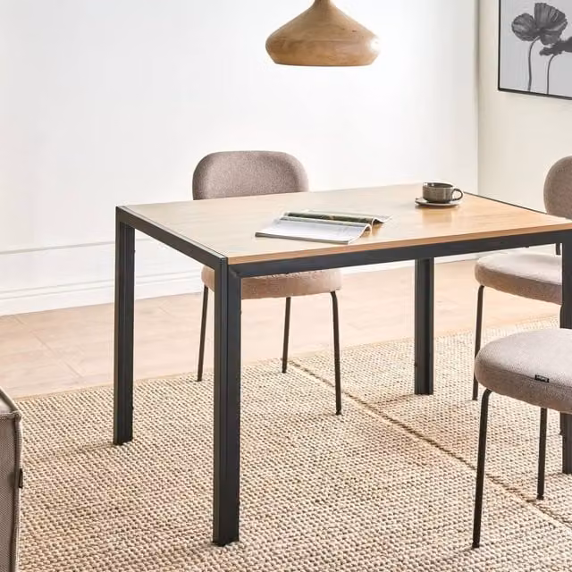 Wyld and Coco Industrial Rectangular Dining Table with Brown MDF Laminate Top and Metal Base, W: 120 cm, D: 80 cm – 1
