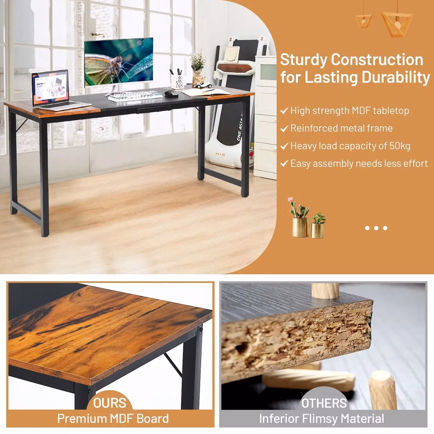 Costway Industrial Wooden Computer Desk with Metal Frame, Brown – 5