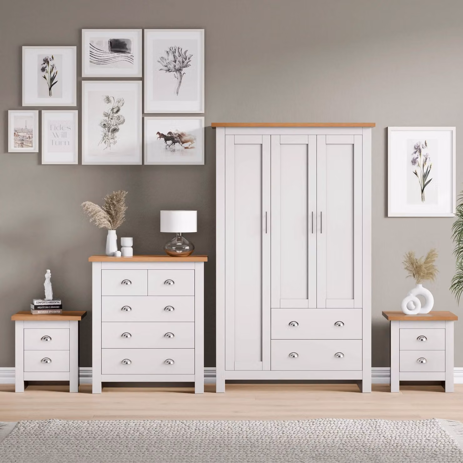 DHS Shaker 4 Piece White Bedroom Set Including Wardrobe, Chest of Drawers and Nightstand