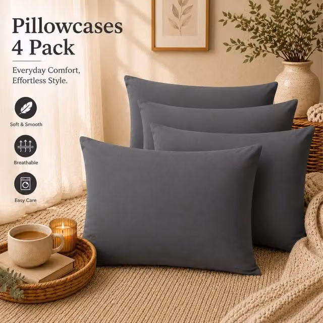 Pamposh Set of 4 Mako Satin Cotton Pillow Cases, 300 Thread Count, Charcoal Grey