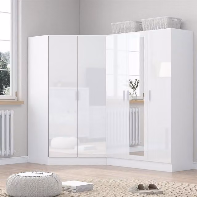 REFLECT Wardrobe Bundle featuring a Corner Unit and a 3-Door Mirrored Wardrobe in White Gloss and Matt White