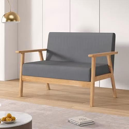 mcc direct 2 Seater Grey Linen Fabric Upholstered Sofa with Solid Wood Frame