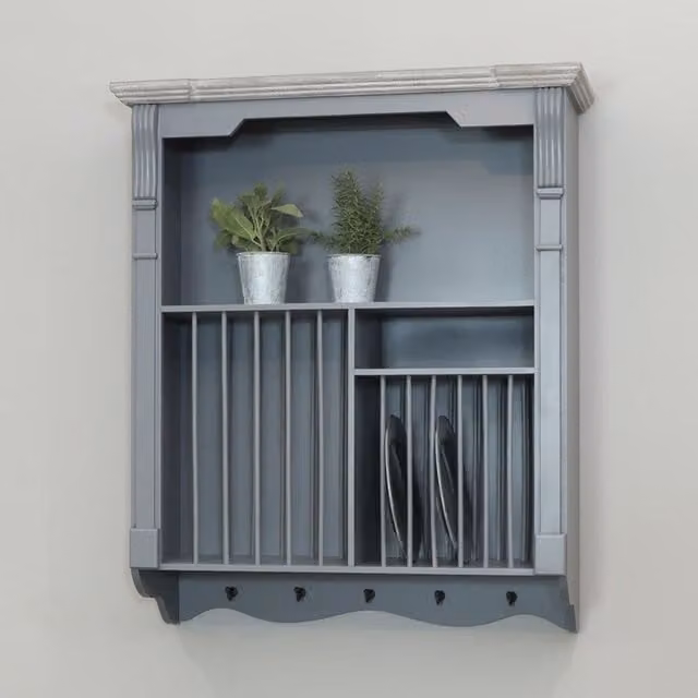 Melody Maison Grey Lacquered Wooden Wall Mounted Kitchen Plate Rack – 1