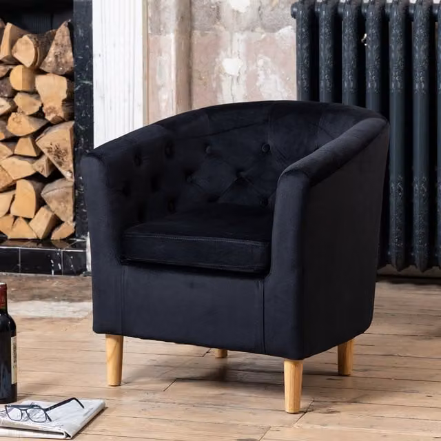 Artemis Home Clio Black Velvet Fabric Tub Accent Chair with Armrests and Solid Wood Frame