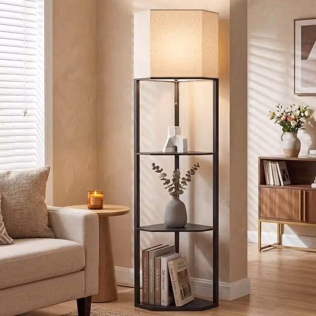 EONLION Modern Black Corner Floor Lamp with Shelves and Beige Fabric Shade