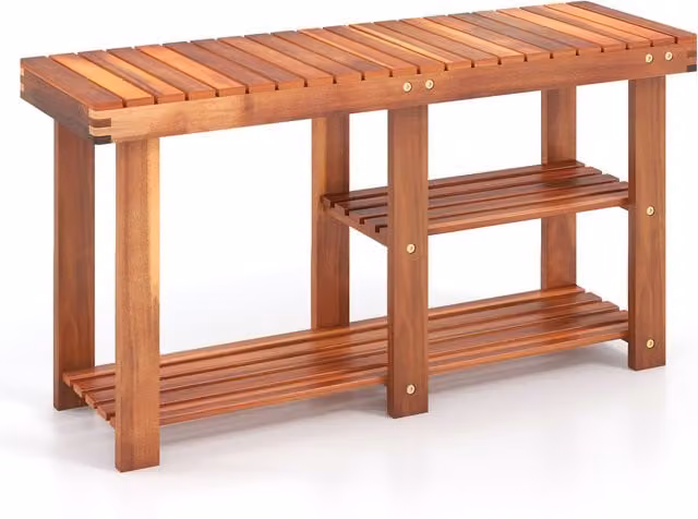 COSTWAY 3-Tier Acacia Wood and Metal Shoe Rack Bench in Brown, Width: 87 cm