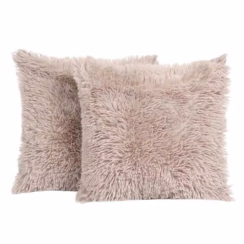 Sienna Set of 2 Fluffy Square Plush Fleece Cushion Covers in Beige and Brown, W/D/H: 45 x 45 x 45 cm