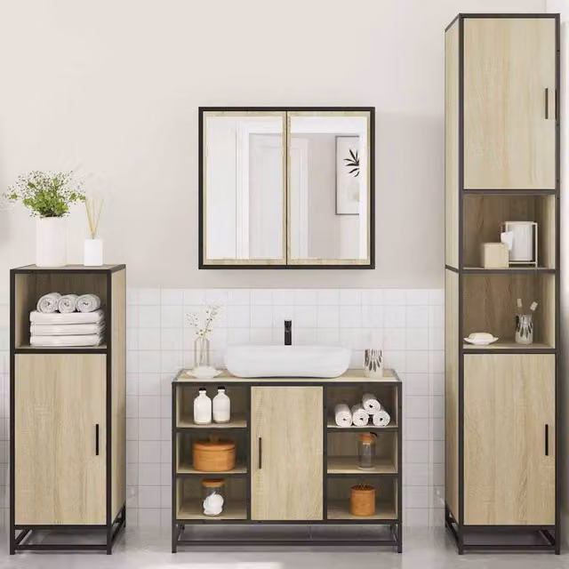 Berkfield Home 4-Piece Bathroom Furniture Set in Sonoma Oak and Light Brown – 1