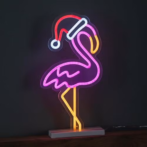 Samuel Alexander Multicolour and White Light Up Neon Effect Flamingo with Santa Hat on Base, H 43 cm – 1